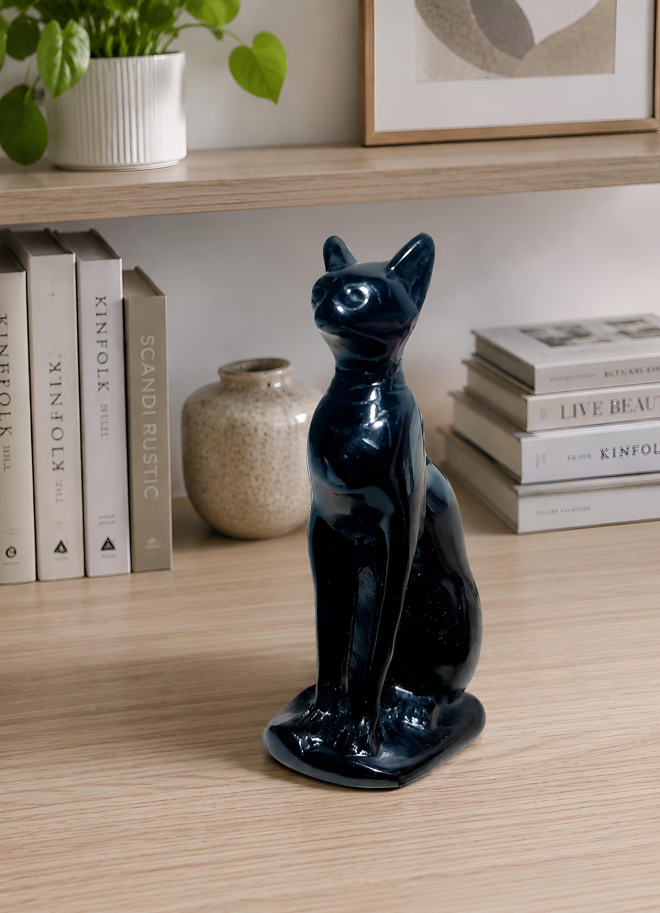 Black Cat Figurine, Glossy Feline Statue, Modern Gothic Decor, Animal Sculpture, Shelf Accent, Witchy Gift, Home Ornament.