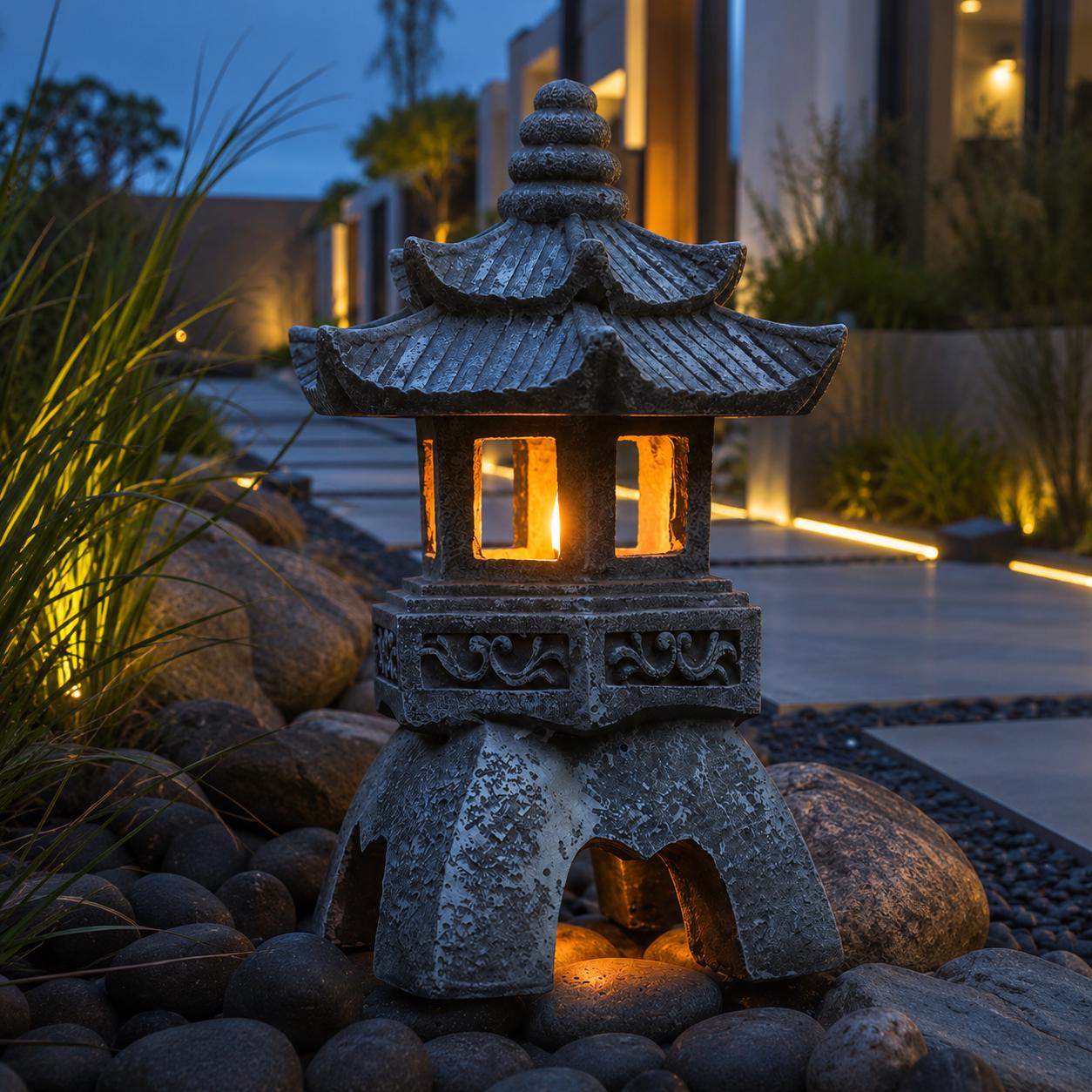 Solar Pagoda Garden Lantern, Japanese Style Outdoor LED Light, Resin Landscape Decor, Waterproof Yard Pathway Lamp, Zen Ornament,Solar Light