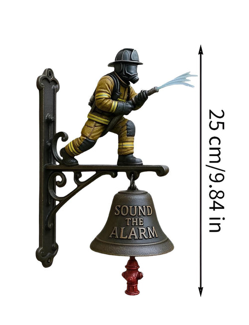 Firefighter Bell Wall Decor, Fireman Garden Statue, Vintage Alarm, Rustic Entryway Accent, First Responder Gift, Outdoor Porch Art.