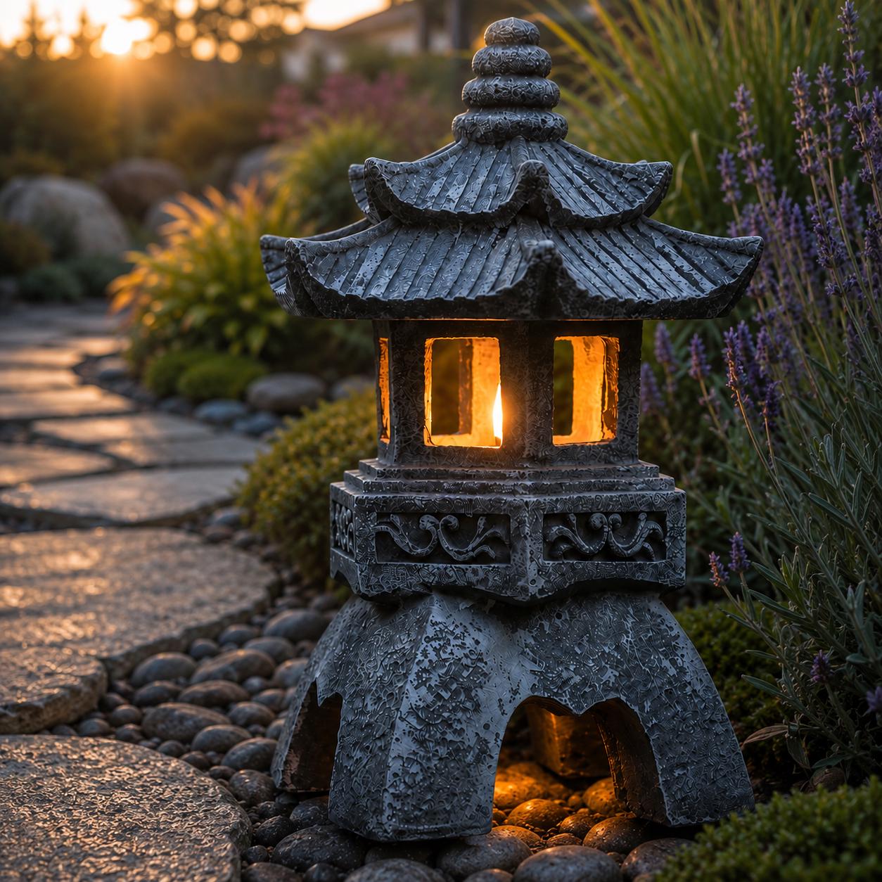 Solar Pagoda Garden Lantern, Japanese Style Outdoor LED Light, Resin Landscape Decor, Waterproof Yard Pathway Lamp, Zen Ornament,Solar Light