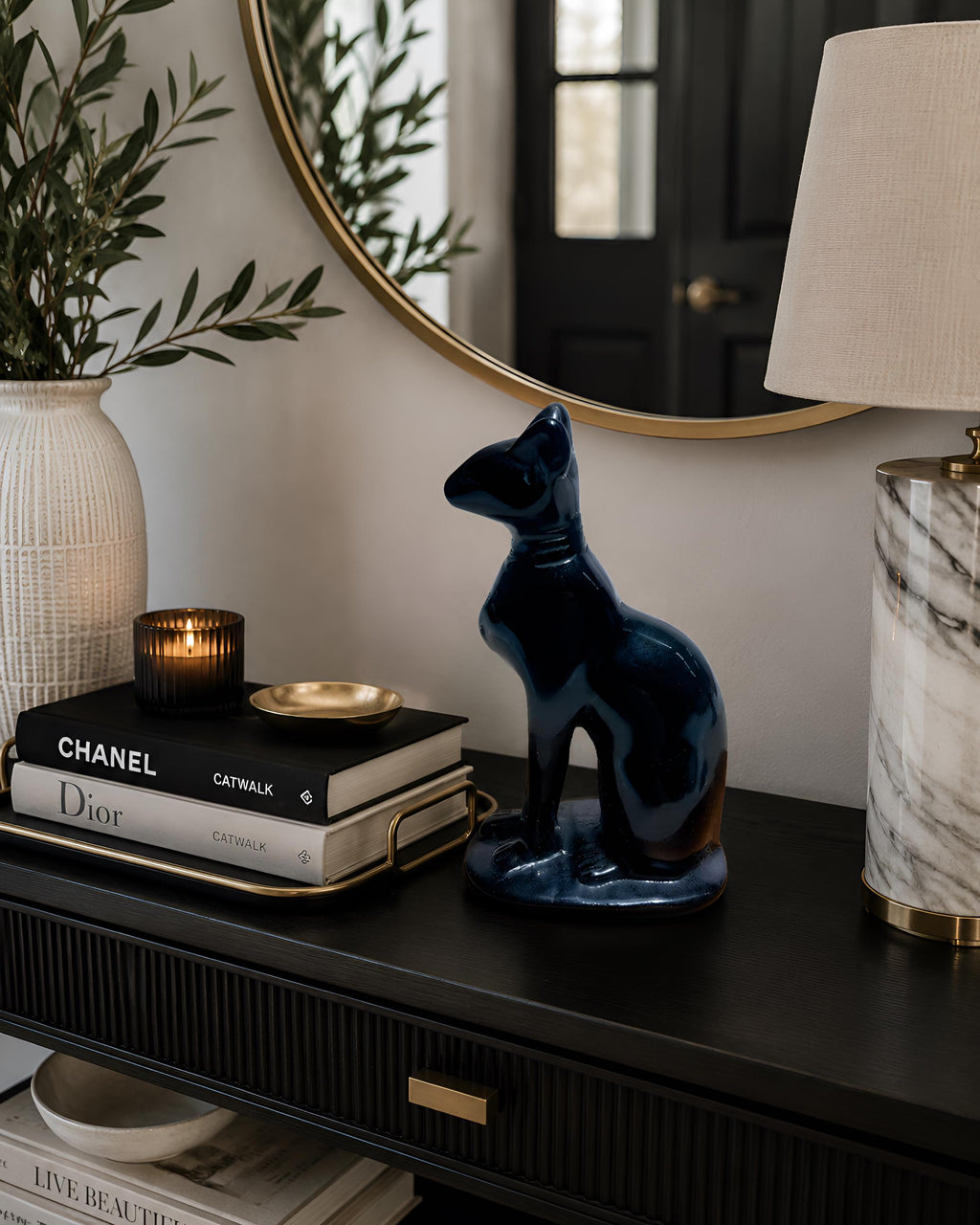 Black Cat Figurine, Glossy Feline Statue, Modern Gothic Decor, Animal Sculpture, Shelf Accent, Witchy Gift, Home Ornament.