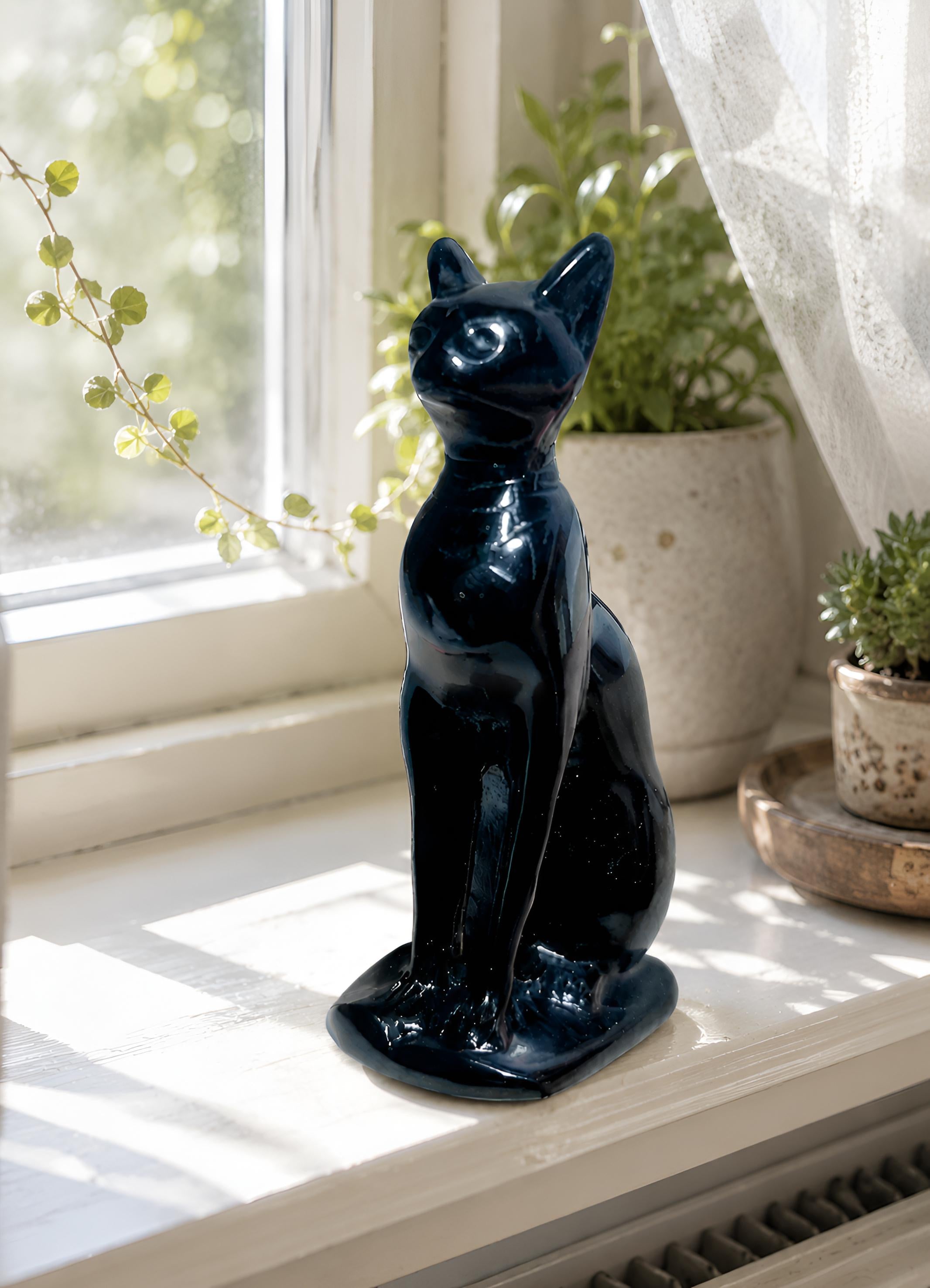 Black Cat Figurine, Glossy Feline Statue, Modern Gothic Decor, Animal Sculpture, Shelf Accent, Witchy Gift, Home Ornament.