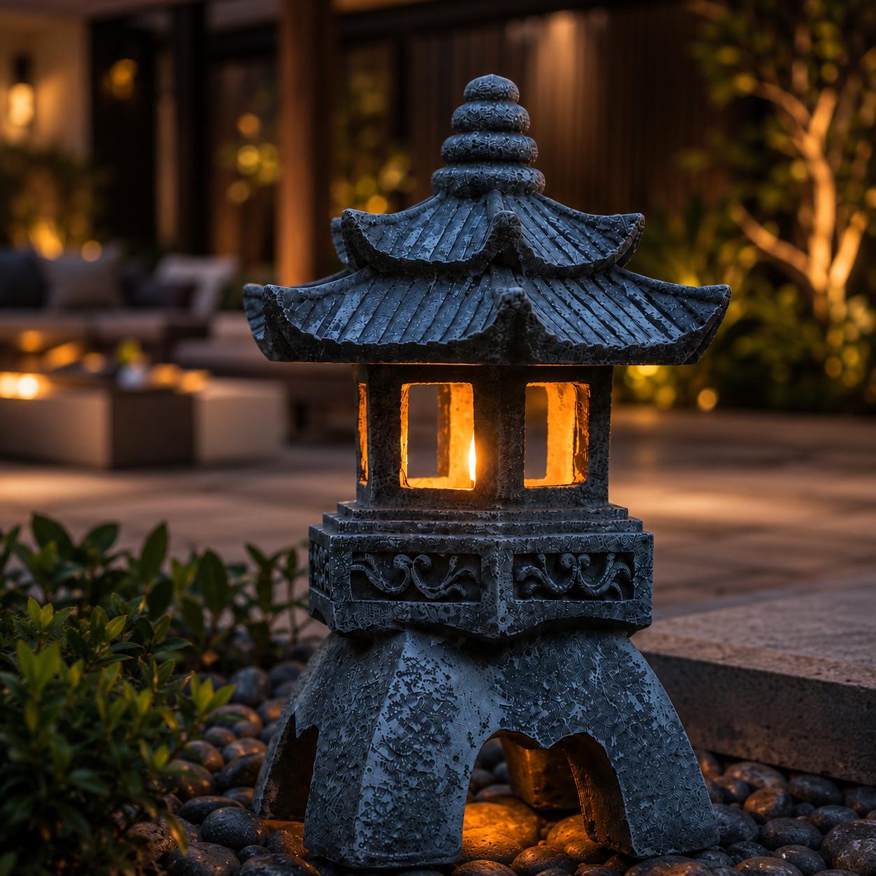 Solar Pagoda Garden Lantern, Japanese Style Outdoor LED Light, Resin Landscape Decor, Waterproof Yard Pathway Lamp, Zen Ornament,Solar Light