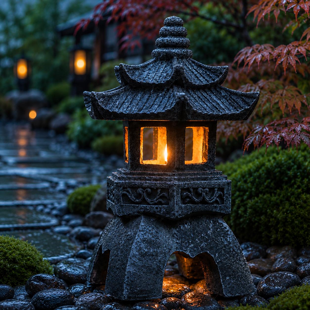 Solar Pagoda Garden Lantern, Japanese Style Outdoor LED Light, Resin Landscape Decor, Waterproof Yard Pathway Lamp, Zen Ornament,Solar Light