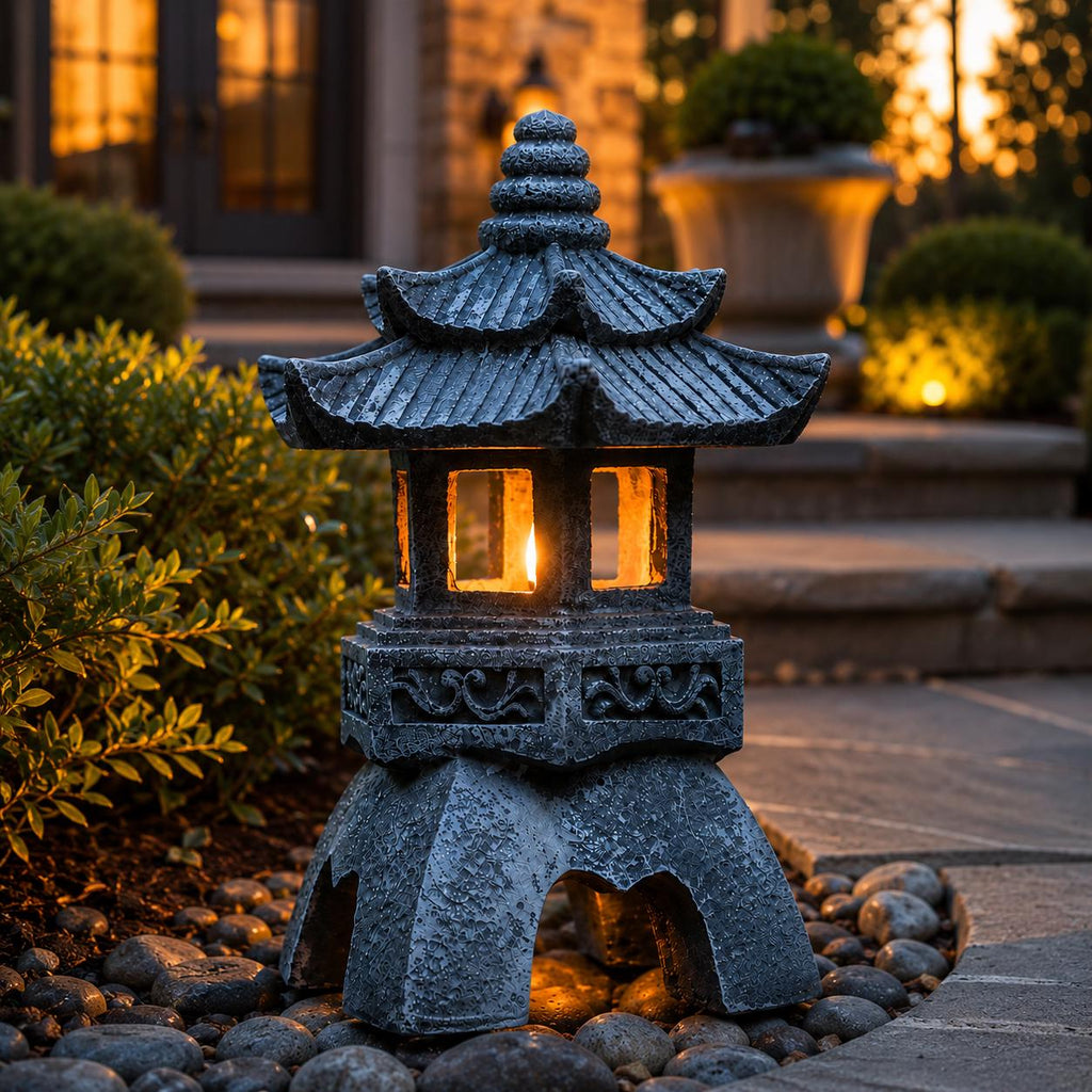 Solar Pagoda Garden Lantern, Japanese Style Outdoor LED Light, Resin Landscape Decor, Waterproof Yard Pathway Lamp, Zen Ornament,Solar Light